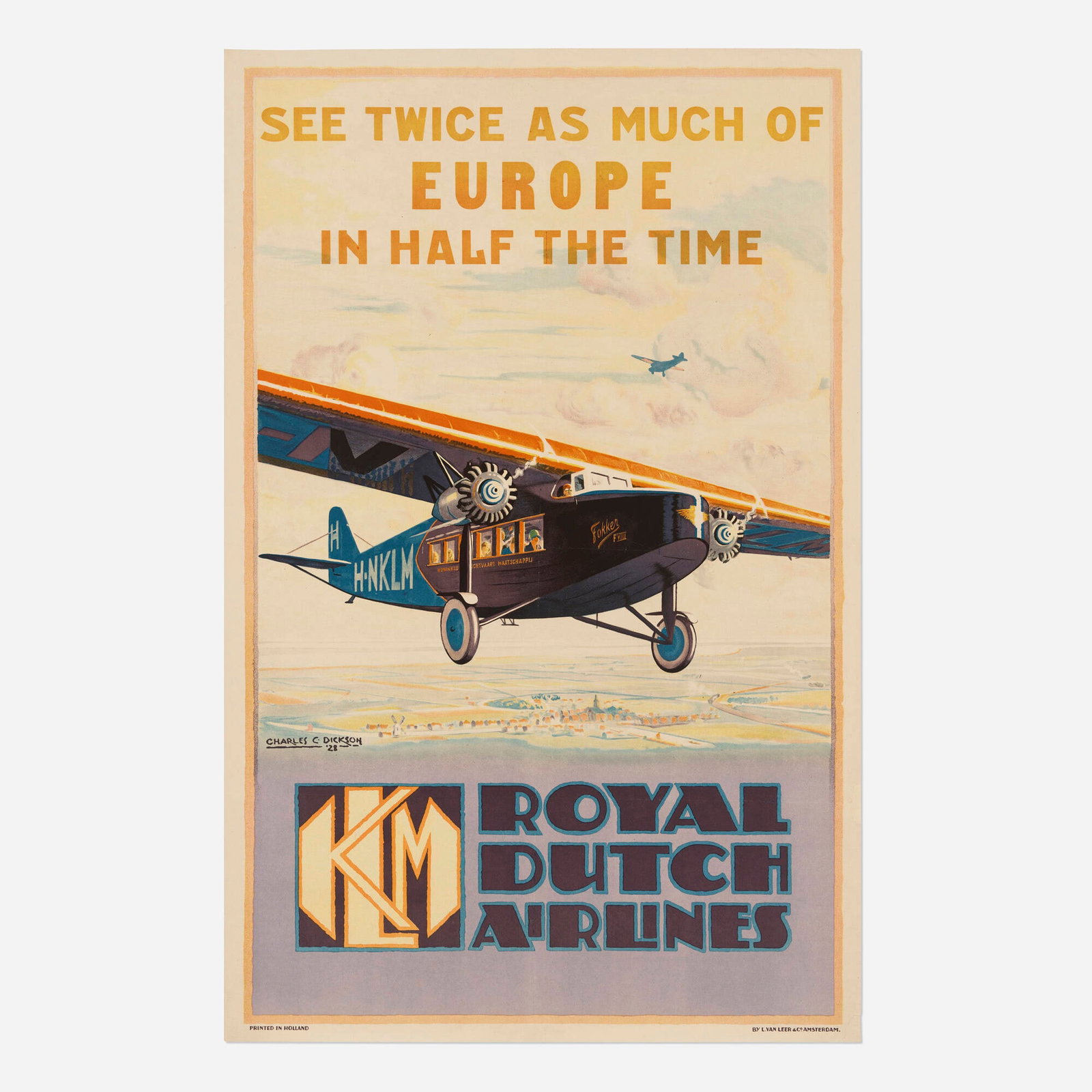 Charles C. Dickson, KLM / Royal Dutch Airlines vintage poster: Charles C. Dickson KLM / Royal Dutch Airlines vintage poster 1928 40 h x 25.5 w in (102 x 65 cm) Also used in KLM's campaign for the 1928 Olympic Games in Amsterdam, this bold design centered o