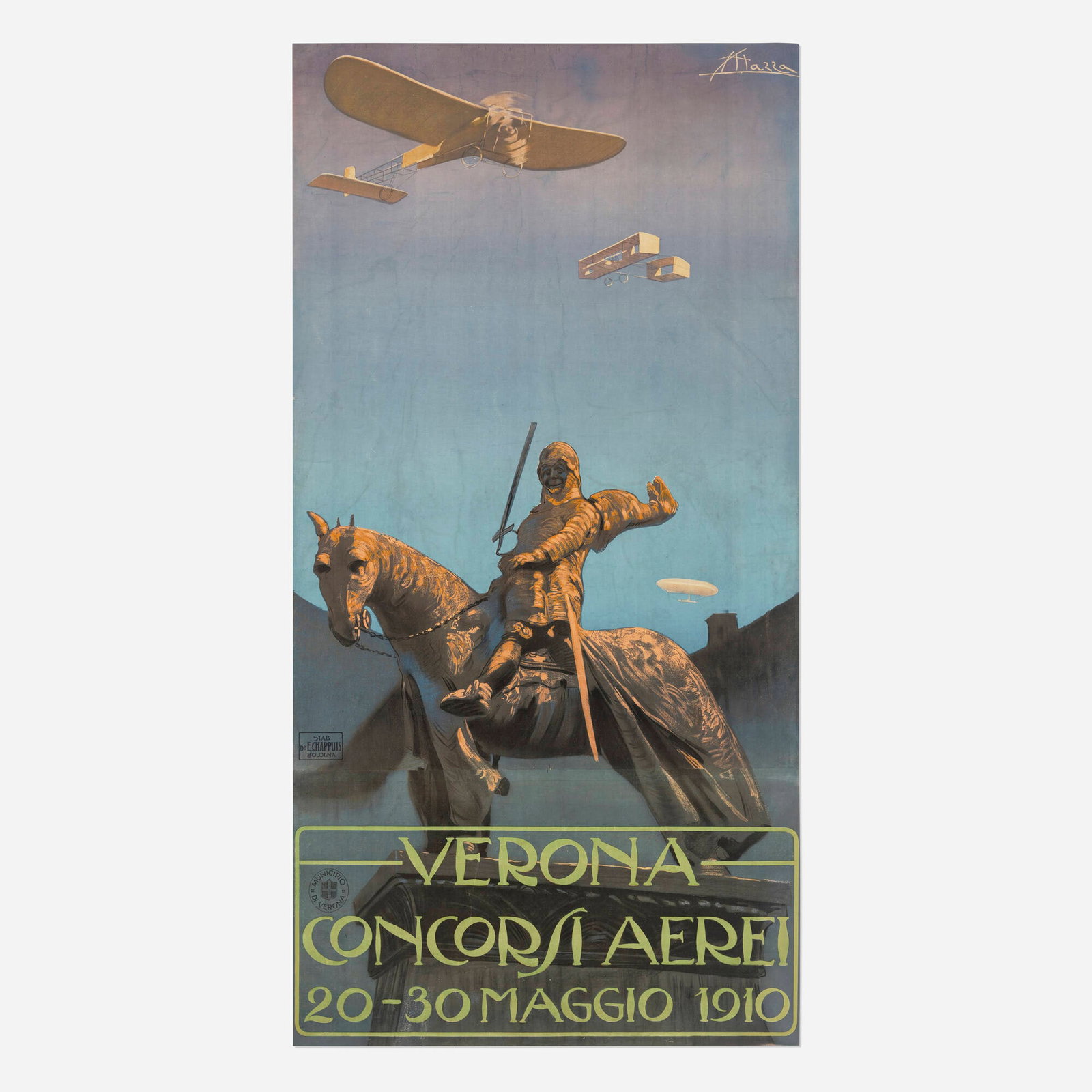 Sergio Mazza, Verona Concorsi Aerei vintage poster: Sergio Mazza Verona Concorsi Aerei vintage poster 1910 76.75 h x 38.625 w in (195 x 98 cm) Mazza's official promotion for Verona's first major air meet is truly a tour de force. Set agains
