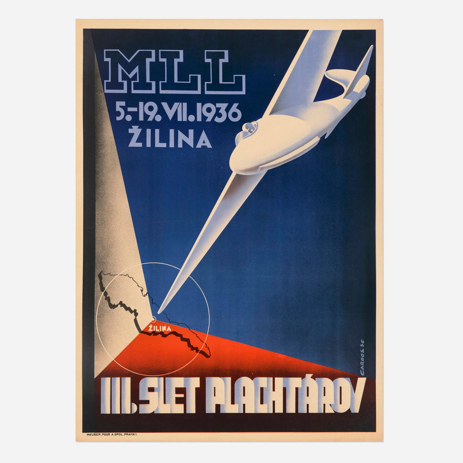 Frantisek Kardaus, MLL / III. Slet Plachtarov vintage poster: Frantisek Kardaus MLL / III. Slet Plachtarov vintage poster 1936 45.125 h x 33.125 w in (115 x 84 cm) Advertising a Masaryk Aviation League (MLL) gliding rally in Zilina, this Art Deco poster depict