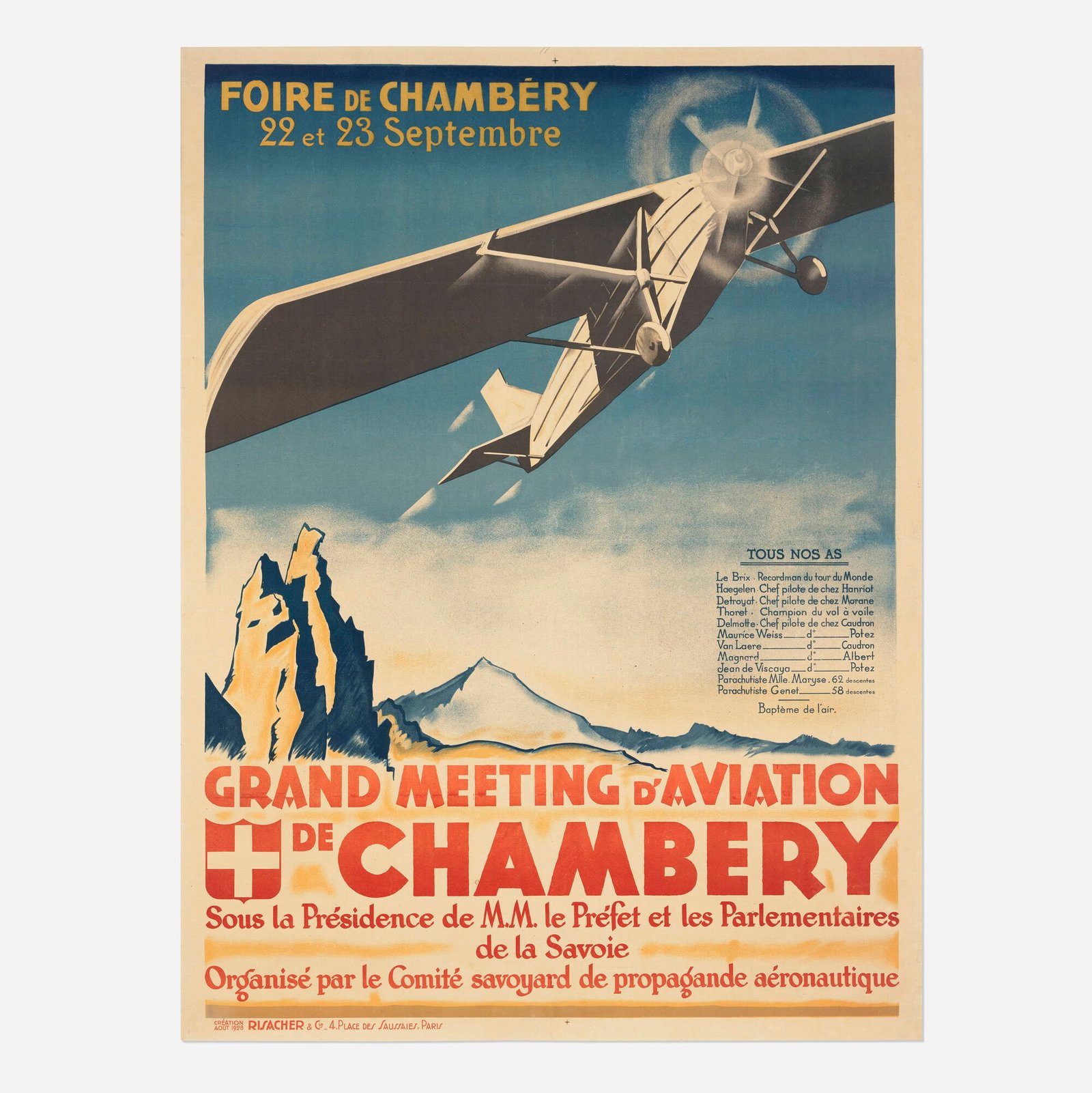 Grand Meeting d'Aviation / Chambery vintage poster: Grand Meeting d'Aviation / Chambery vintage poster 1928 61.25 h x 46 w in (156 x 117 cm) The Aviation Meeting of Chambery was held in the small town of Savoie, and played host to a number of aces: LeB