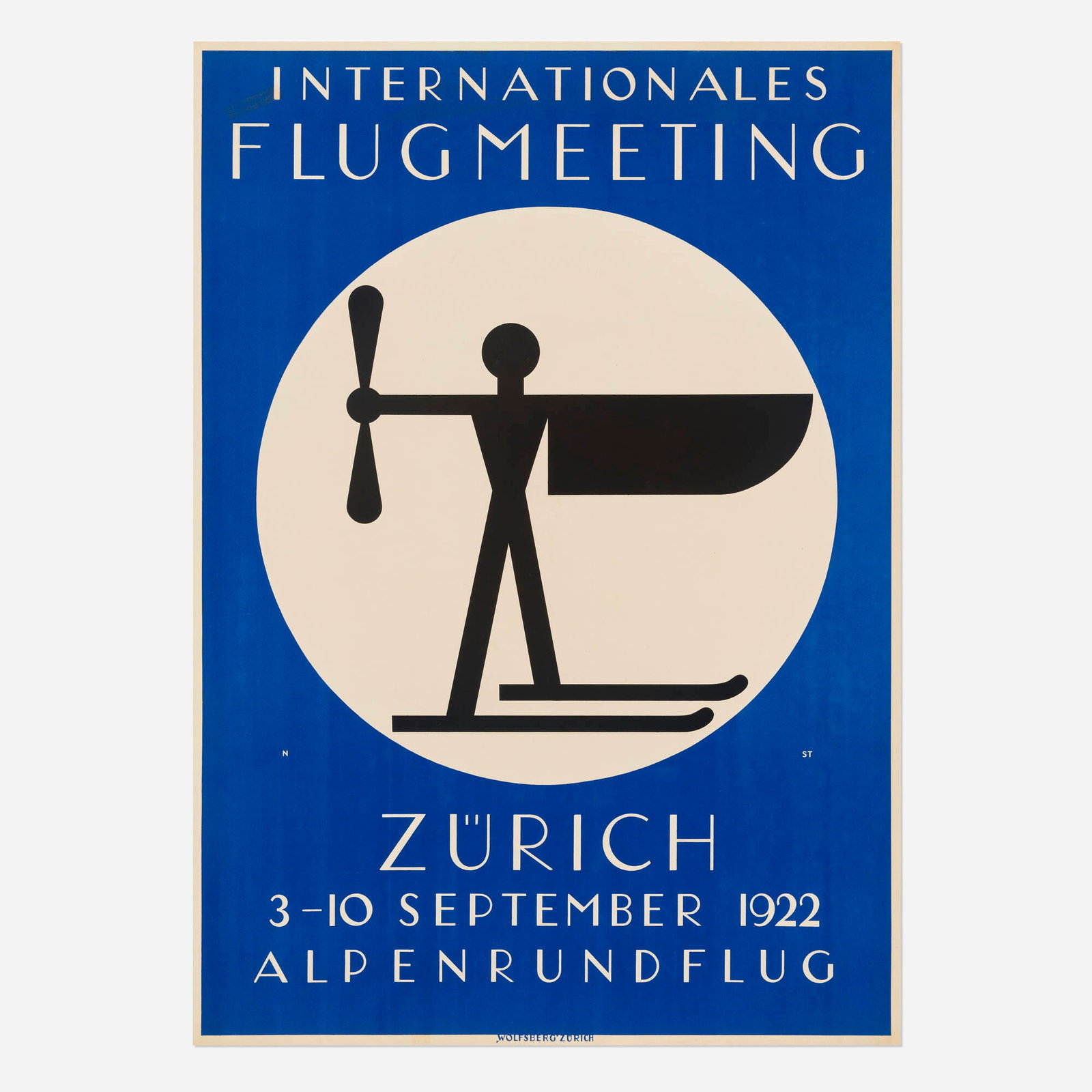 Niklaus Stoecklin, Internationales Flugmeeting / Zurich vintage poster: Niklaus Stoecklin Internationales Flugmeeting / Zurich vintage poster 1922 49.875 h x 35.25 w in (127 x 90 cm) A synthesis of man and machine commands the spotlight in this Stoecklin poster for a Zu