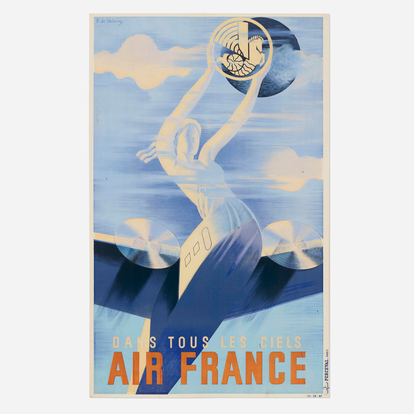 Roger de Valerio, Air France / Dans Tous les Ciels vintage poster: Roger de Valerio Air France / Dans Tous les Ciels vintage poster 1935 38 h x 23.625 w in (97 x 60 cm) "For years, the imagination of poster artists was to make use of these four elements - the sky,