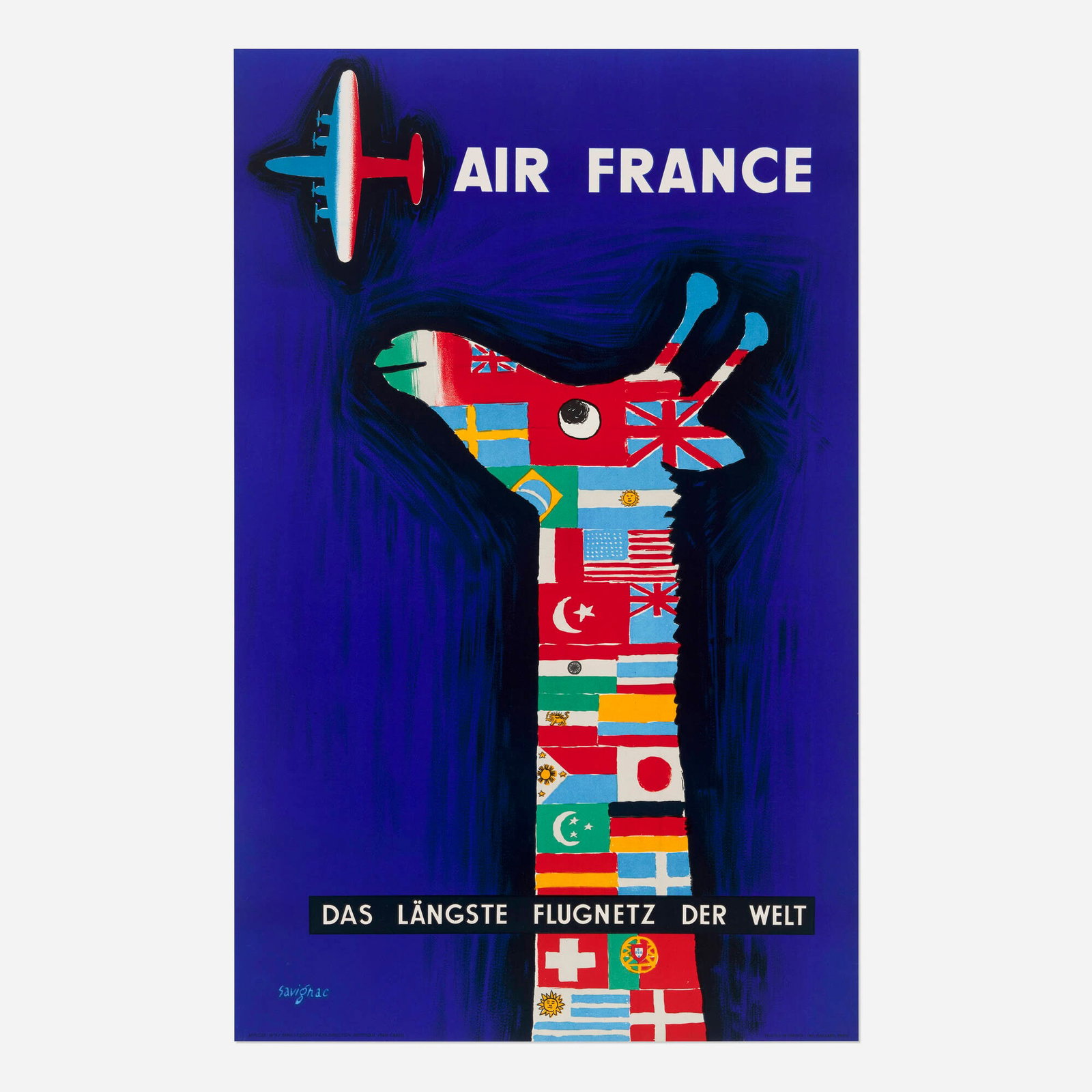 Raymond Savignac, Air France / Das Langste Flugnetz der Welt vintage poster: Raymond Savignac Air France / Das Langste Flugnetz der Welt vintage poster 1956 39.25 h x 25 w in (100 x 63 cm) "The longest network in the world" is appropriately shown by this internationally-flag