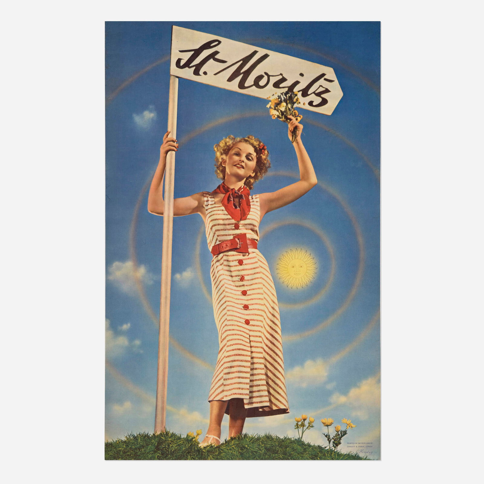 Walter Herdeg, St. Moritz vintage poster: Walter Herdeg St. Moritz vintage poster 1936 38.875 h x 24.625 w in (99 x 63 cm) Herdeg is one of the pioneers of photomontage in posters. Here, he utilizes the image of a cheerful young woman in a