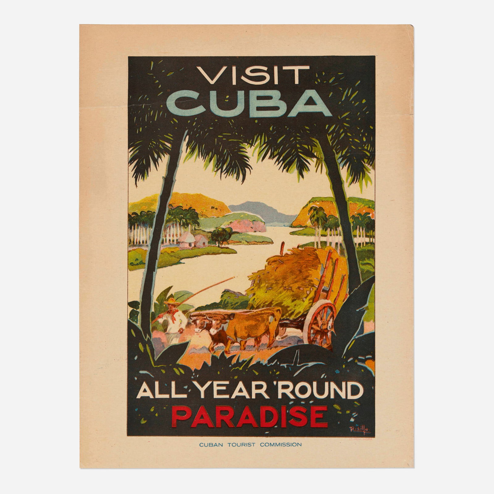 Robillo, Visit Cuba vintage poster: Robillo Visit Cuba vintage poster c. 1956 offset lithograph in colors 14 h x 10.5 w in (36 x 27 cm) Whereas the majority of Cuban tourism posters from the1950s play up the more hedonistic possi