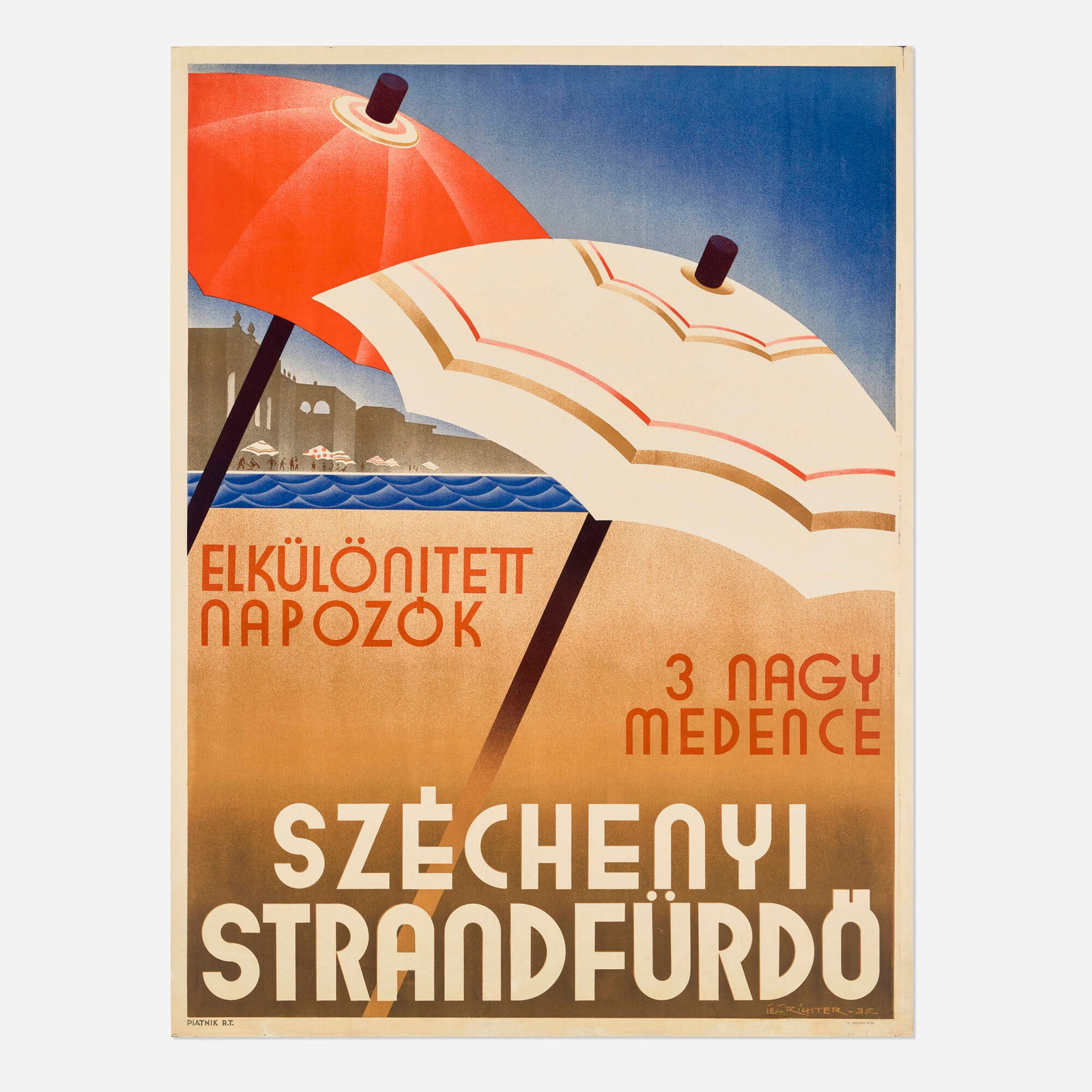 Aladar Richter, Szechenyi Strandfurdo vintage poster: Aladar Richter Szechenyi Strandfurdo vintage poster 1935 49.5 h x 37.25 w in (126 x 95 cm) "The Szechenyi thermal baths in Budapest, supplied by two hot springs, are the largest medicinal baths in E