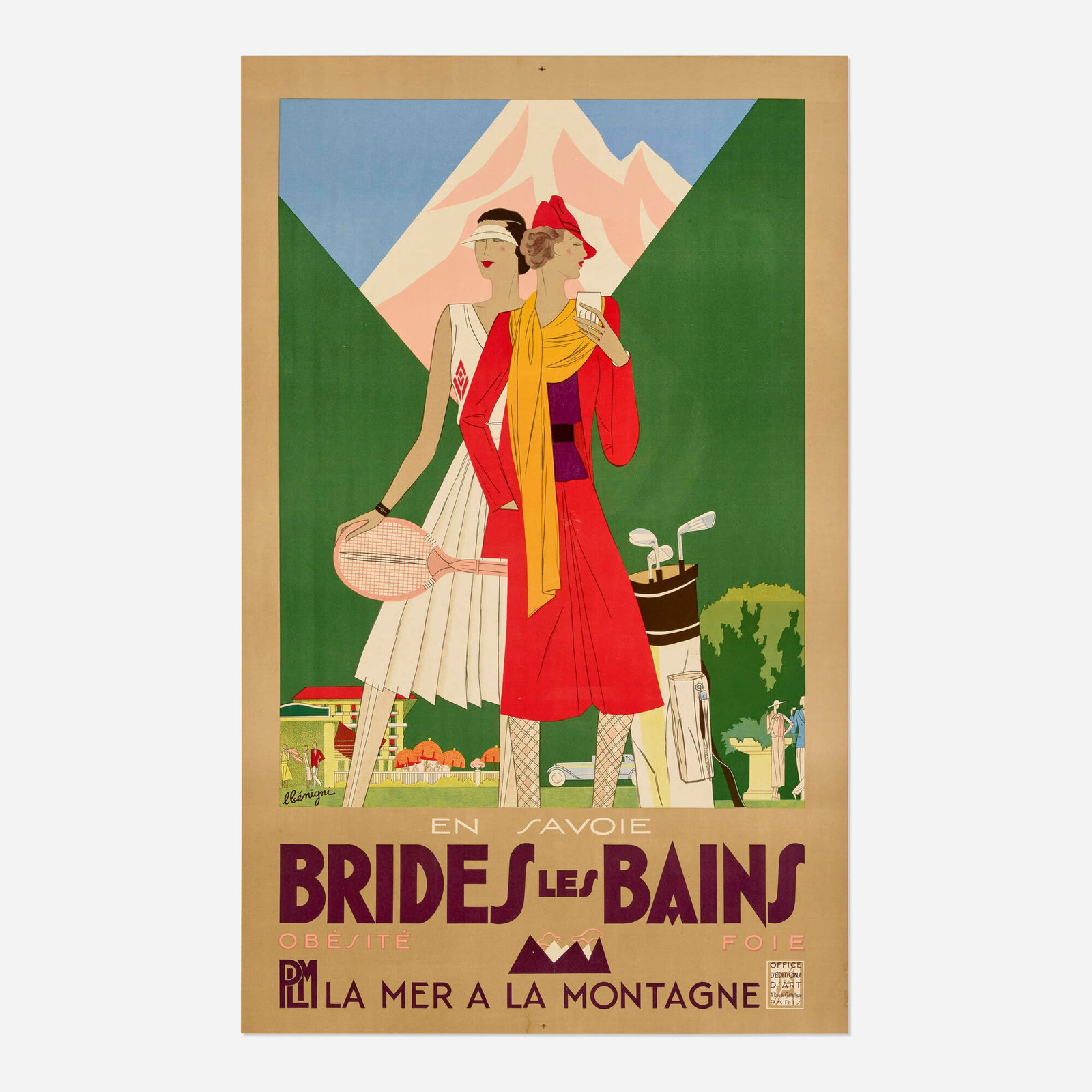 Leon Benigni, PLM / Brides les Bains vintage poster: Leon Benigni PLM / Brides les Bains vintage poster 1929 39.5 h x 24.5 w in (100 x 62 cm) This handsome Art Deco design shows off the fashionable sporting life of Brides-les-Bains, a spa town in the