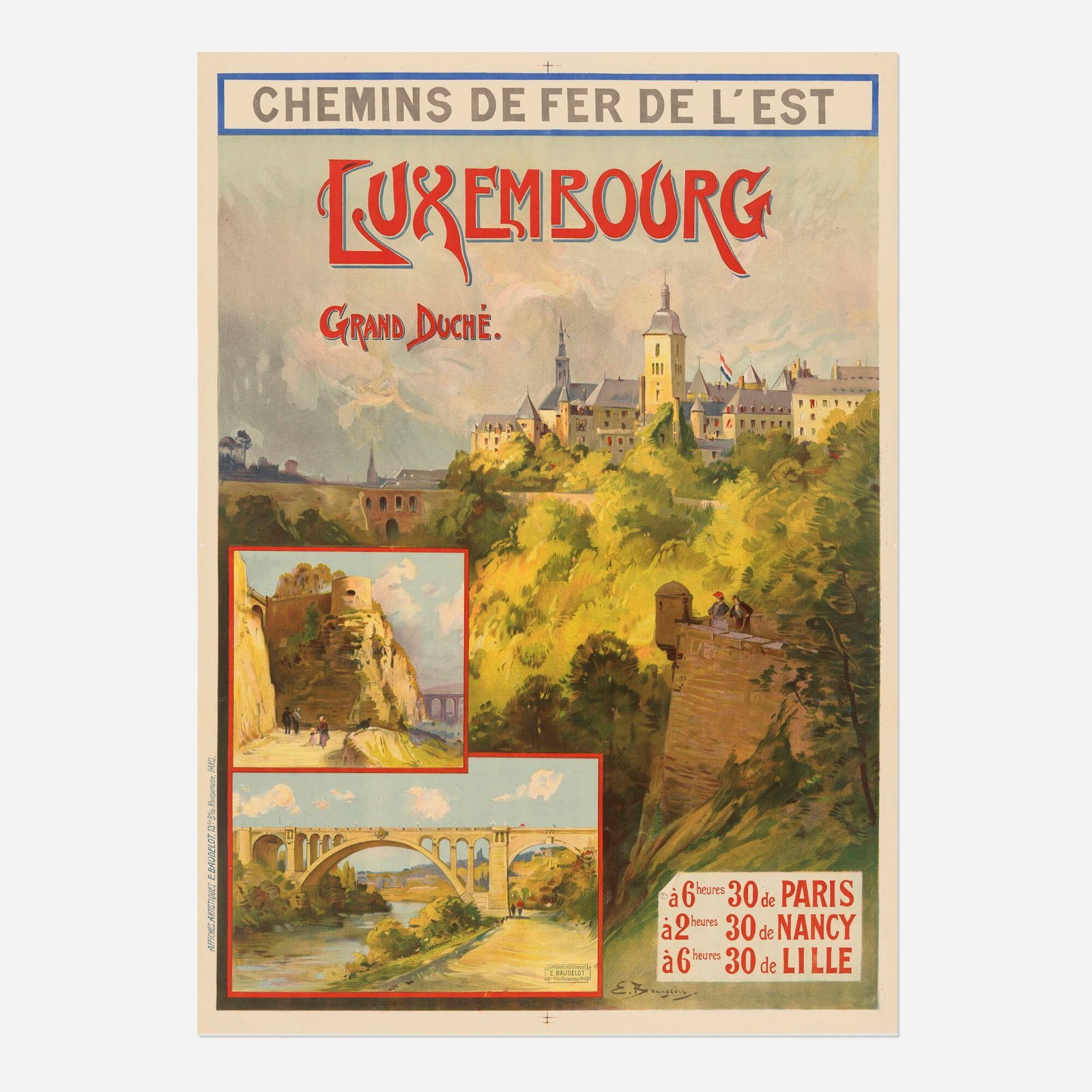 Eugene Bourgeois, Chemins de Fer de l'Est / Luxembourg, Grand Duche vintage poster: Eugene Bourgeois Chemins de Fer de l'Est / Luxembourg, Grand Duche vintage poster c. 1900 41.125 h x 29.375 w in (104 x 75 cm) This romantic, painterly composition showing the scenic views of Luxemb