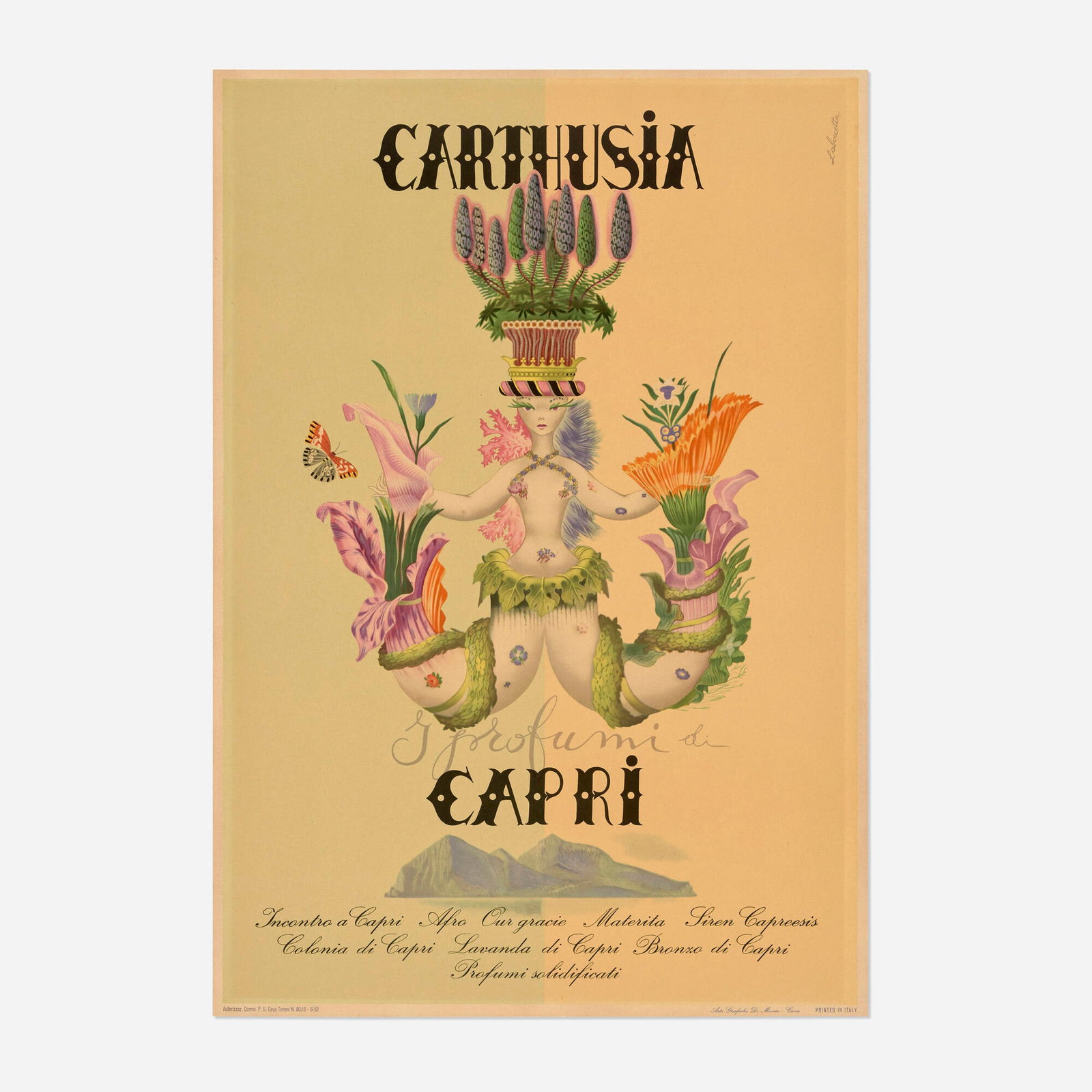 Mario Laboccetta, Carthusia Profumi / Capri vintage poster: Mario Laboccetta Carthusia Profumi / Capri vintage poster 1952 offset lithograph in colors 38.5 h x 26.75 w in (98 x 68 cm) This sublime hallucination was designed for Carthusia Perfumes, based