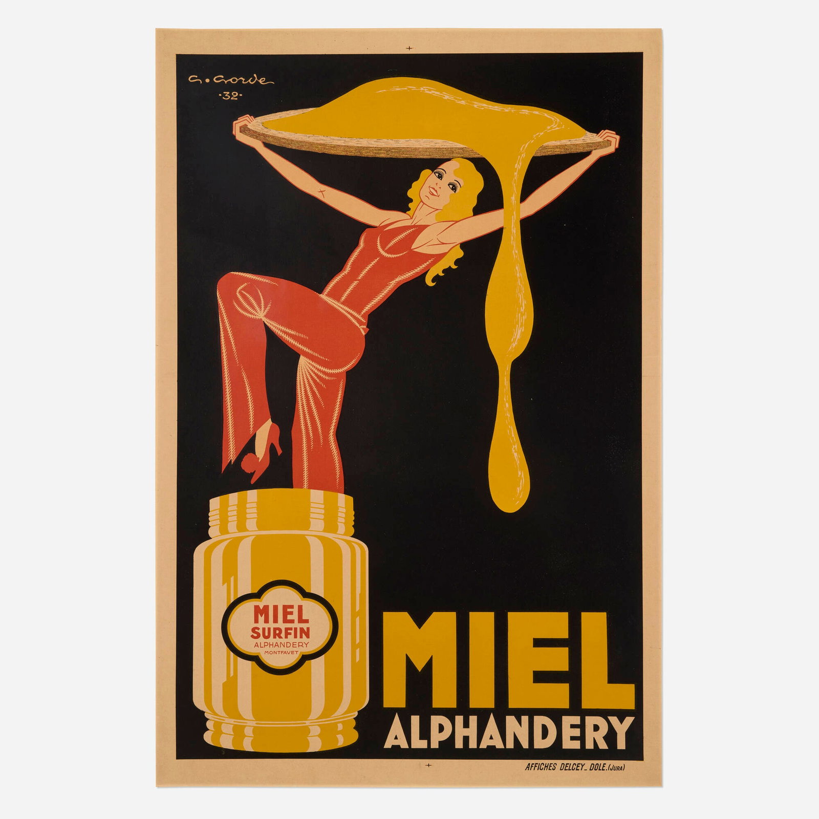 Gaston Gorde, Miel Alphandery vintage poster: Gaston Gorde Miel Alphandery vintage poster 1932 46.875 h x 34.375 w in (119 x 87 cm) Wearing a red jumpsuit with pom-pom heels, this fetching honey-haired lady looks thirty years ahead of her time.
