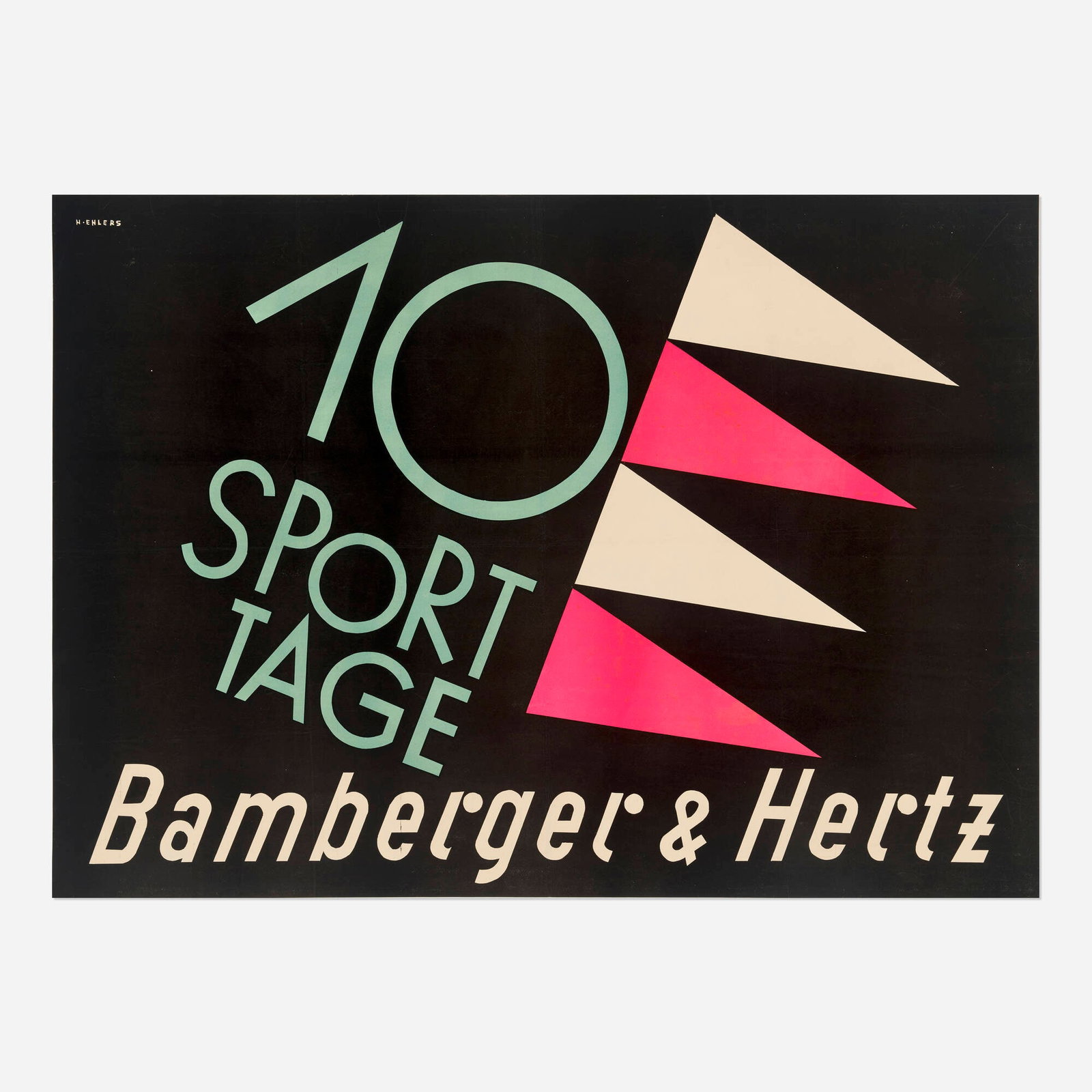 Henry Ehlers, Bamberger & Hertz / 10 Sport Tage vintage poster: Henry Ehlers Bamberger & Hertz / 10 Sport Tage vintage poster c. 1928 33.25 h x 46.5 w in (84 x 118 cm) Eye-catching typography dominates the field in this Art Deco-era poster for the German men