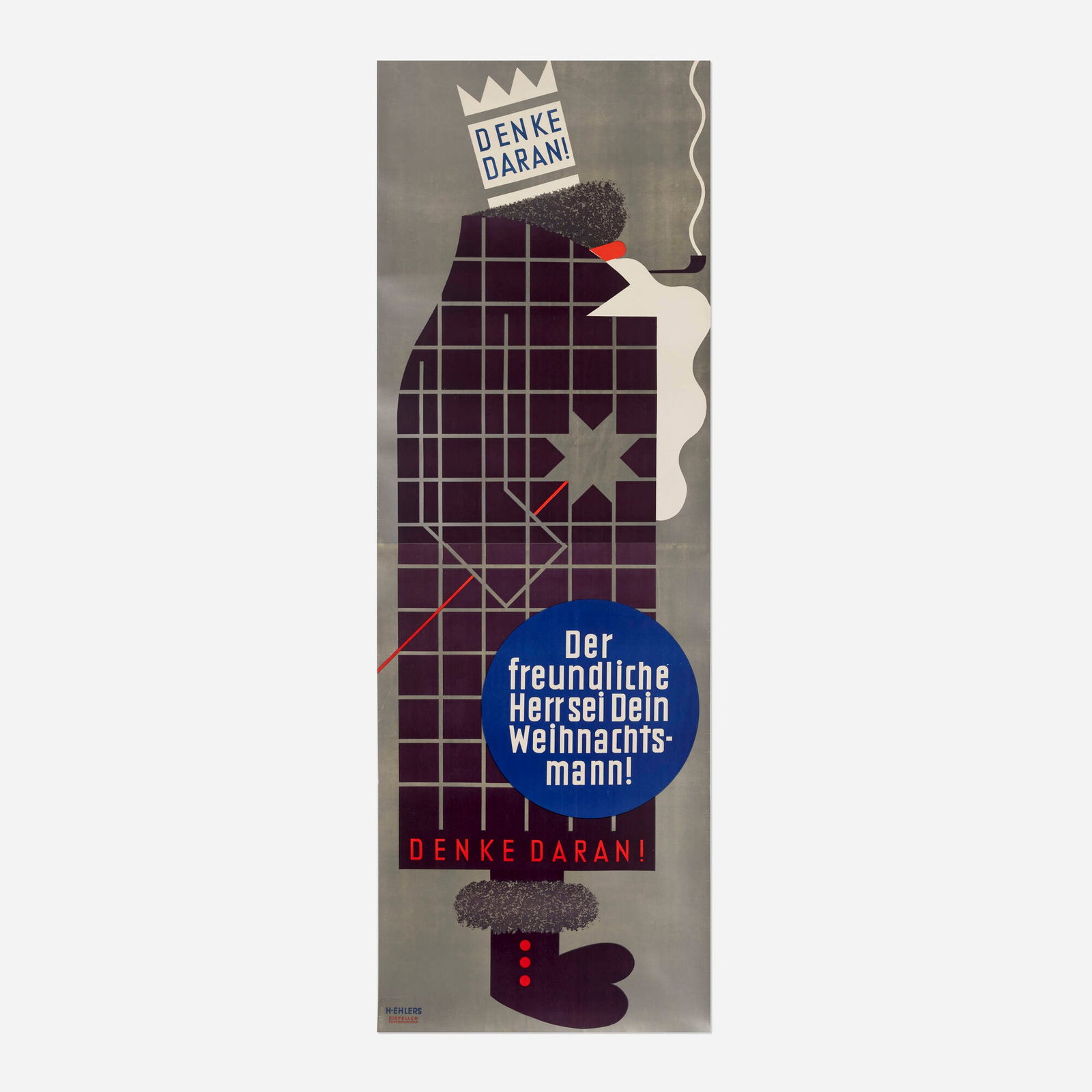 Henry Ehlers, Denke Daran! vintage poster: Henry Ehlers Denke Daran! vintage poster c. 1932 94.125 h x 33 w in (239 x 84 cm) A superlatively enigmatic two-sheet design-made all the more lustrous with its generous use of metallic silver backg