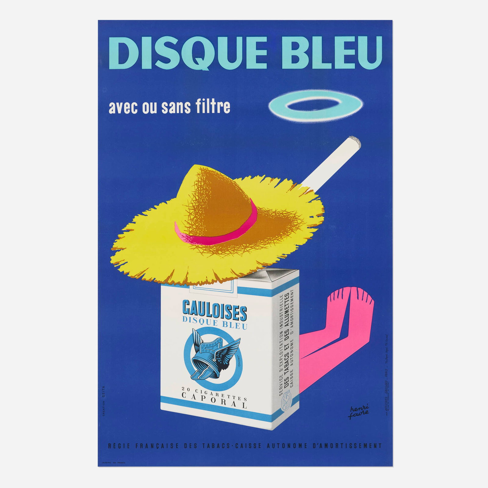 Henri Favre, Gauloises Disque Bleu vintage poster: Henri Favre Gauloises Disque Bleu vintage poster 1956 58.5 h x 38.5 w in (149 x 98 cm) With its playful image of a cigarette pack reclining beneath a straw hat against a vivid blue backdrop, this po