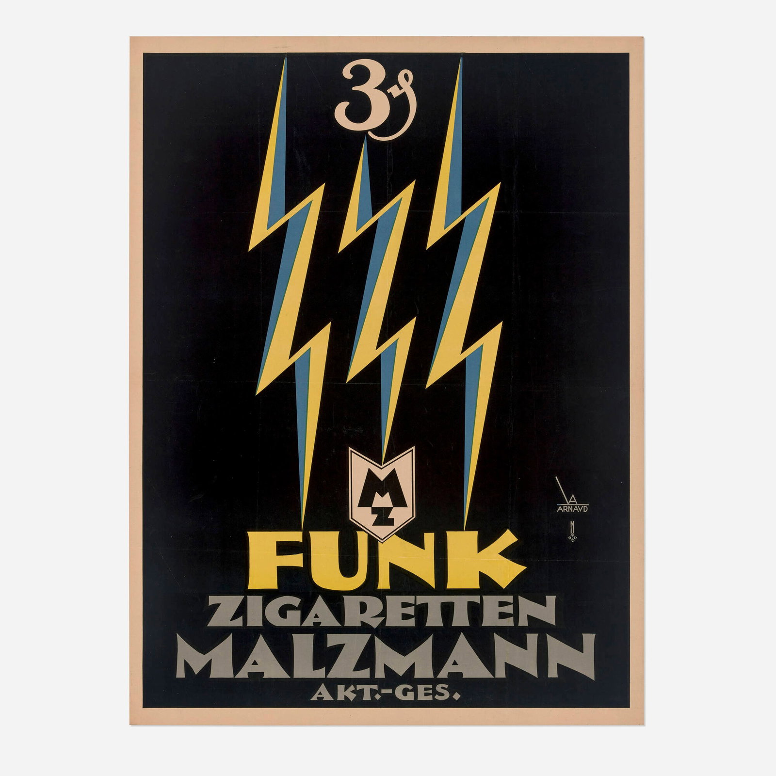 A. Arnaud, Funk Zigaretten / Malzmann vintage poster: A. Arnaud Funk Zigaretten / Malzmann vintage poster c. 1930 47.125 h x 35.375 w in (120 x 90 cm) The three brightly colored lightning rods stand out in this otherwise simple design for Funk cigarett