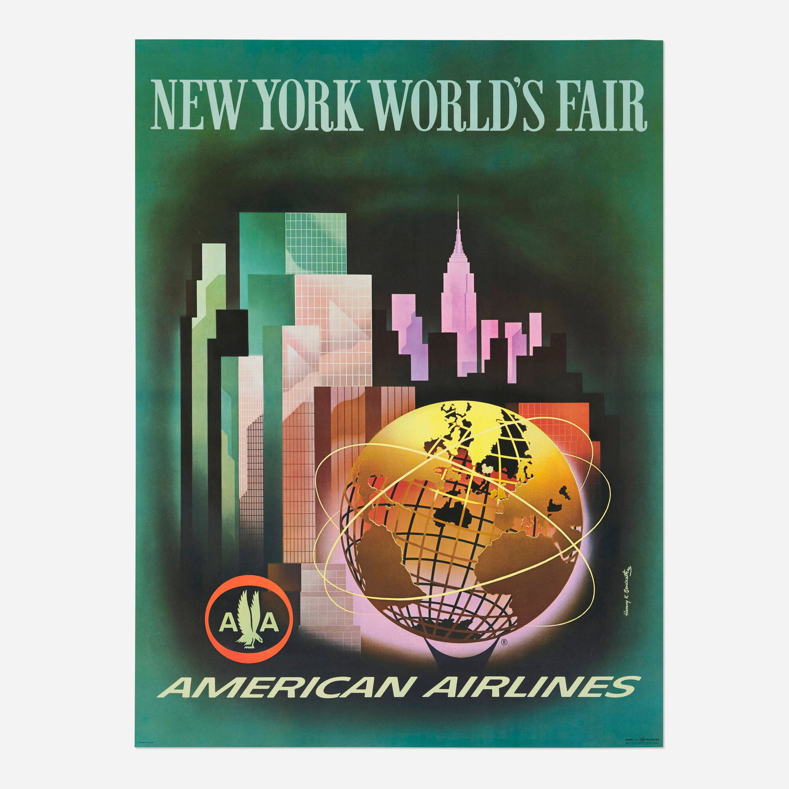 Henry K. Bencsath, American Airlines / New York World's Fair 1964 vintage poster: Henry K. Bencsath American Airlines / New York World's Fair 1964 vintage poster 1961 offset lithograph in colors 40 h x 30.125 w in (102 x 77 cm) Literature: PAI-LVII, 72 This work wi