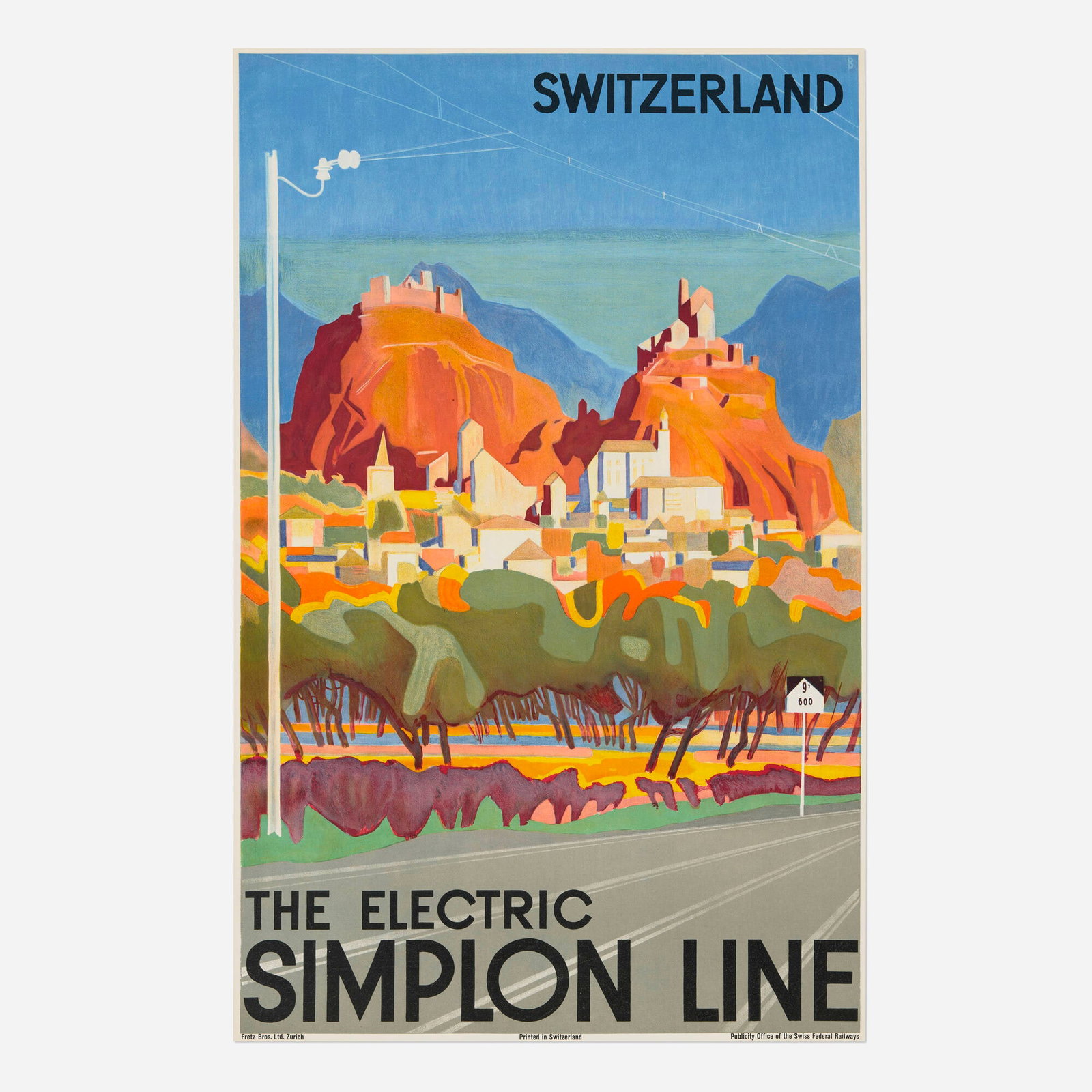 Otto Baumberger, The Electric Simplon Line / Switzerland vintage poster: Otto Baumberger The Electric Simplon Line / Switzerland vintage poster 1933 39.875 h x 25.375 w in (101 x 64 cm) This is the English-language version. Fretz Bros. Ltd., Zurich Literature: B