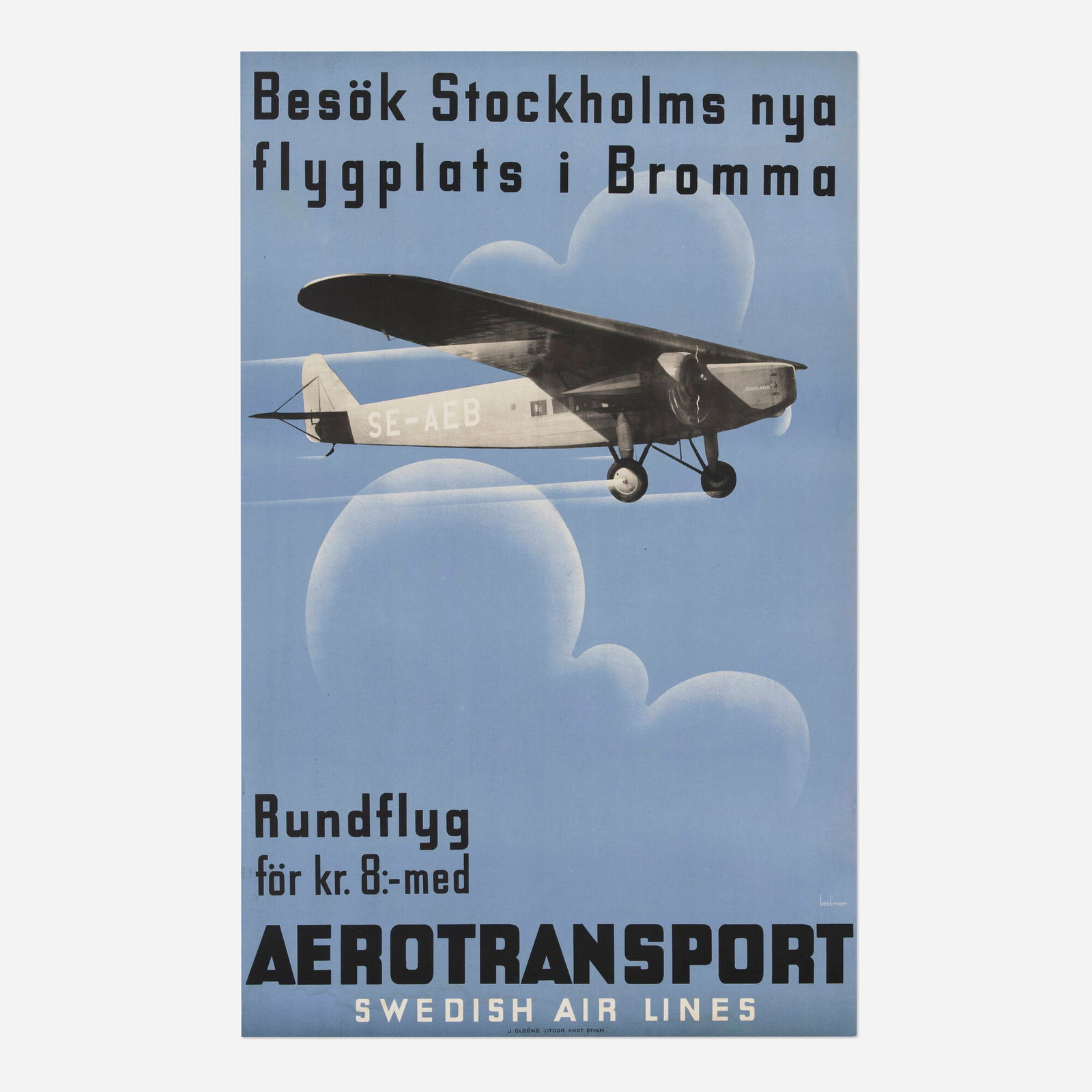 Anders Beckman, Aerotransport Swedish Air Lines vintage poster: Anders Beckman Aerotransport Swedish Air Lines vintage poster c. 1936 39 h x 24.5 w in (99 x 62 cm) This poster for AB Aerotransport highlights the modern appeal of Stockholm Bromma Airport, then a ne