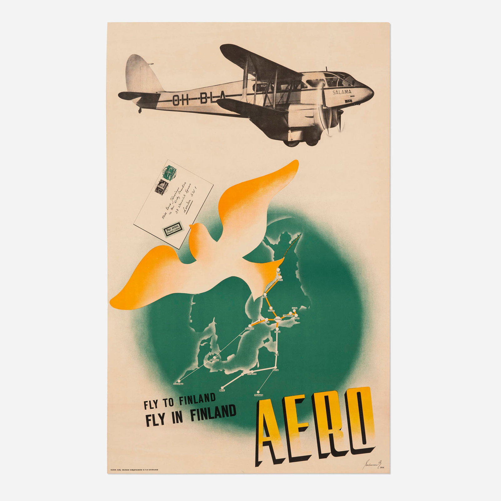 Jorma Suhonen, Aero / Fly to Finland, Fly in Finland vintage poster: Jorma Suhonen Aero / Fly to Finland, Fly in Finland vintage poster 1938 35 h x 24.375 w in (89 x 62 cm) One of several aviation-themed designs by Suhonen, this poster promotes Aero, an airline founded