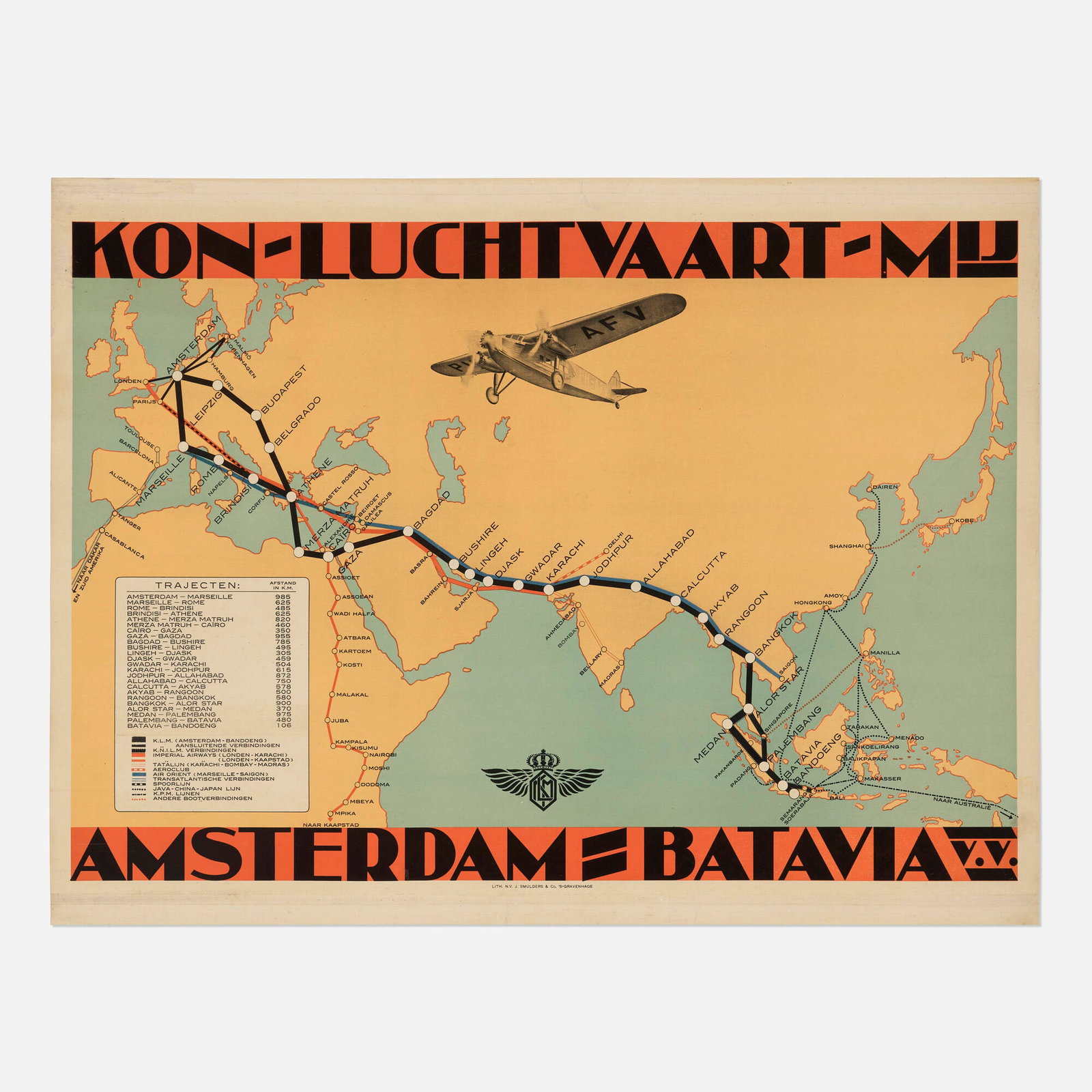 Kon - Luchtvaart - MIJ (K.L.M.) / Amsterdam - Batavia vintage poster: Kon - Luchtvaart - MIJ (K.L.M.) / Amsterdam - Batavia vintage poster 1932 28 h x 37 w in (71 x 94 cm) K.L.M. invites you to follow a path once carved across continents-when a lone Fokker F.VII carried