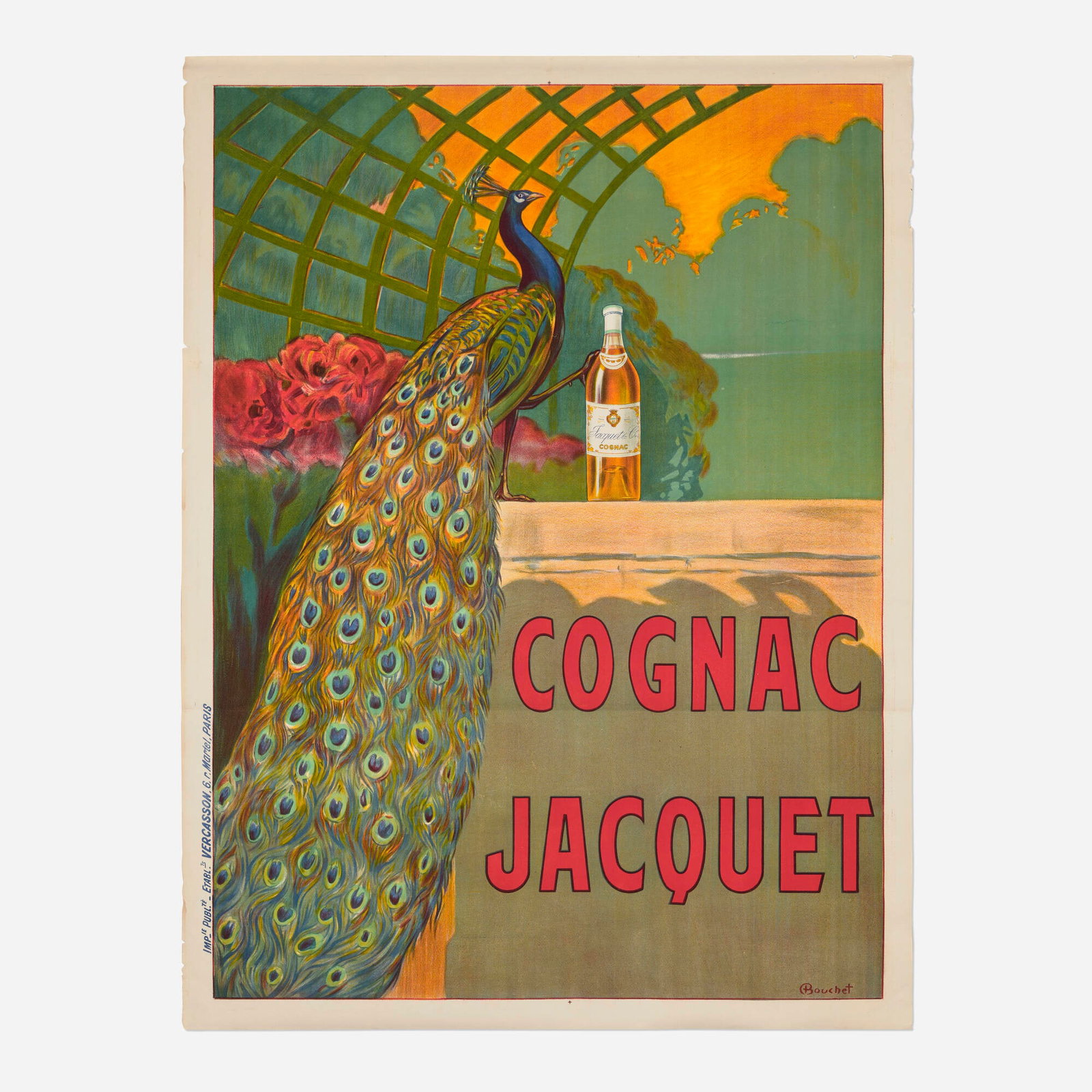 Camille Bouchet, Cognac Jacquet vintage poster: Camille Bouchet Cognac Jacquet vintage poster c. 1887 63.125 h x 47.25 w in (160 x 120 cm) Imp. P. Vercasson, Paris Literature: Manifesti Posters/Advertising, p. 237; PAI-LIX,148 Th