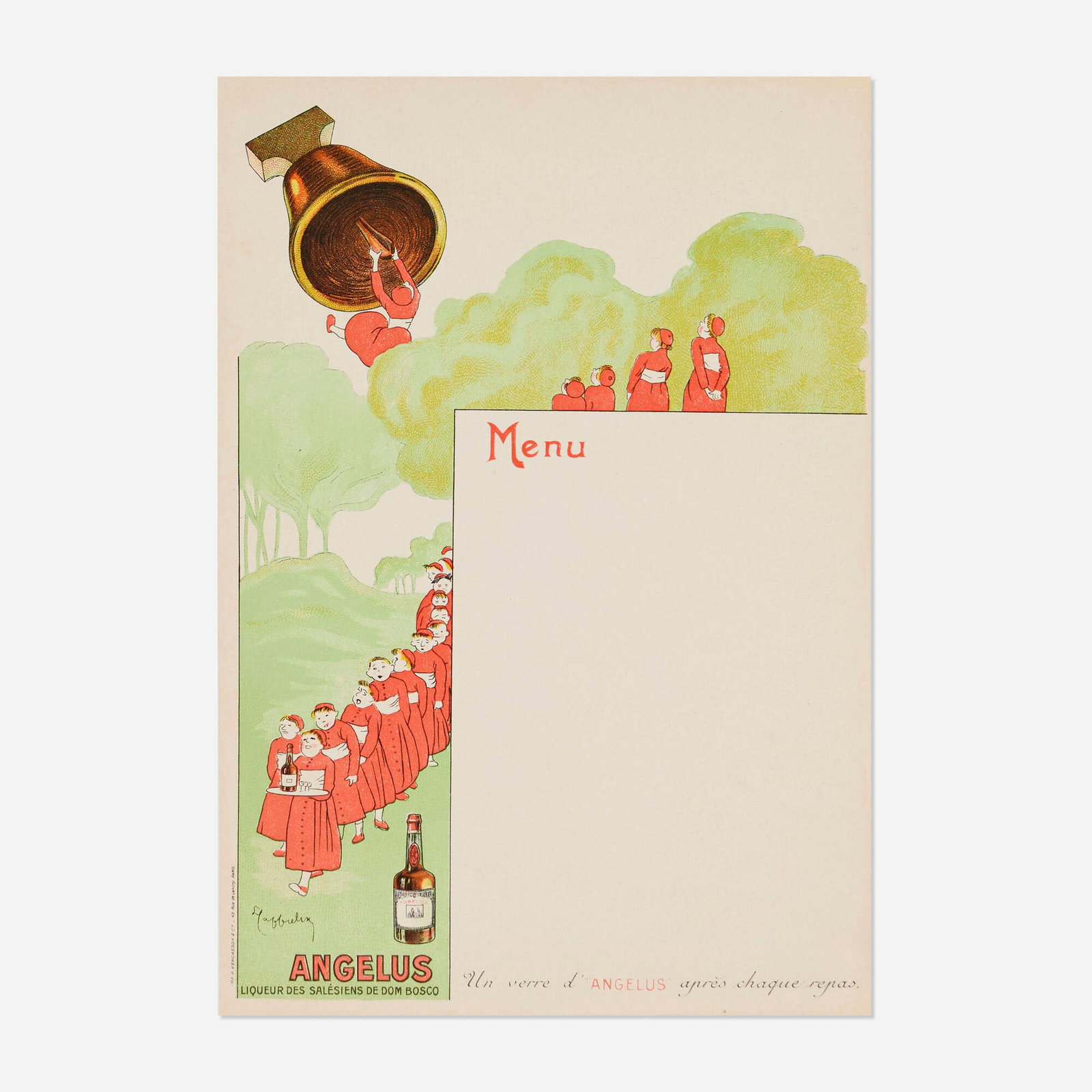 Leonetto Cappiello, Angelus Menu vintage ephemera: Leonetto Cappiello Angelus Menu vintage ephemera c. 1907 11.25 h x 7.75 w in (29 x 20 cm) This whimsical menu sheet advertises the Angelus liqueur. Founded by the Salesians of Don Bosco-an order devot