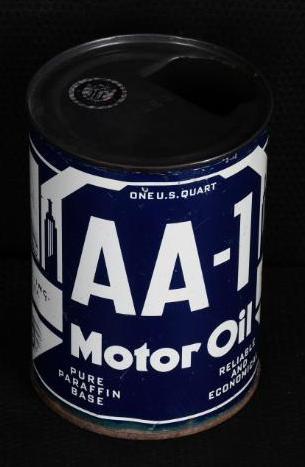 AA-1 Motor Oil One Quart Round Metal Can: Has very good color and shine, is empty, has soldered seam, has light wear and fine scratches, more around the base, one quart, rated 7.5, TAC #007450