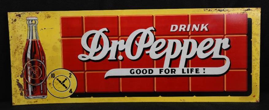 Drink Dr. Pepper w/ Bottle Metal Sign: SST Embossed tacker sign, has nice color, folded edges, nice bottle graphic, 12" x 30", rated 7.75