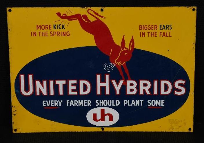 United Hybrids w/Red Mule Logo Metal Sign: SST sign has very good color and shine, has light wear and a few fine scratches, wear around the perimeter, 10"x14", rated 8.25. TAC #008000