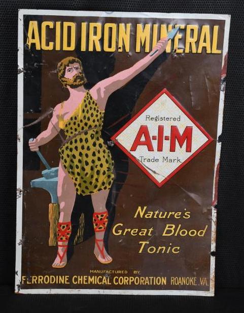 A-I-M "Nature's Great Blood Tonic w/logo Metal Sign: SST embossed tacker sign, has good color, has wear, scratches and creases, extra nail holes in the field and around the perimeter, marked Jefferson Wallace, 19.5"x13.75", rated 6.5. TAC #007418