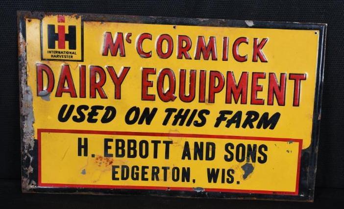 IH McCormick Dairy Equipment Metal Sign: SST embossed sign, has wear and rust, marked Stout Signs, 14.5"x23", rated 7