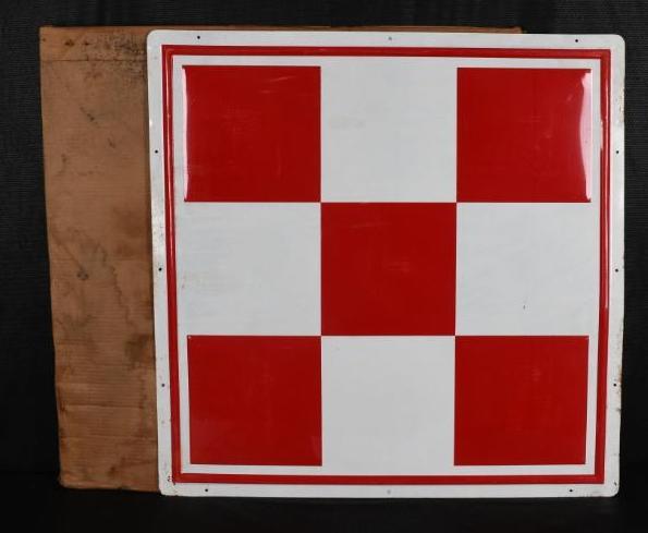 (Purina) Checker Board Logo Metal Sign: SST embossed sign has excellent color and shine, has light wear, in original shipping box, 36"x36", rated 9. TAC #007460