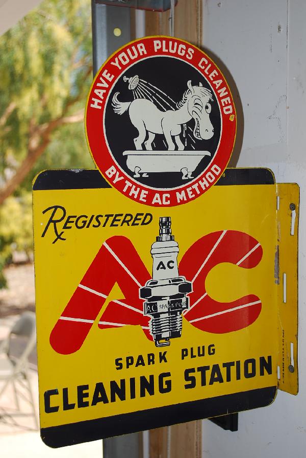 AC Spark Plug with Sparky logo, tin flange sign,: AC Spark Plug with Sparky logo, tin flange sign, 15x11 inches,