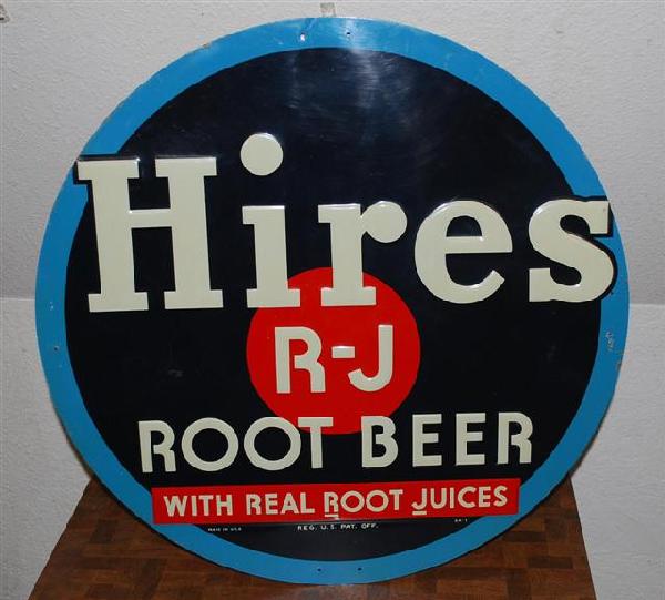 Hires Root Beer "with Real Root Juices" SST emboss: Hires Root Beer "with Real Root Juices" SST embossed sign, 24 inch,