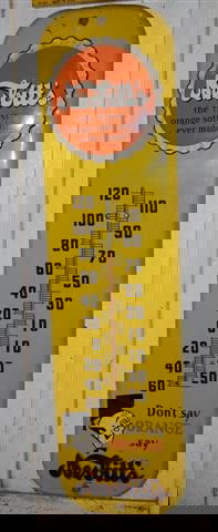 Nesbitt's "Don't Say Orange say Nesbitt's" with lo: Nesbitt's "Don't Say Orange say Nesbitt's" with logo, tin thermometer, 27x7 inches,