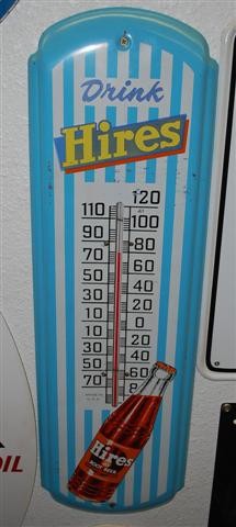 Drink Hires Root Beer, with bottle logo, blue stri: Drink Hires Root Beer, with bottle logo, blue striped background, tin thermometer, 27x8.5 inches,