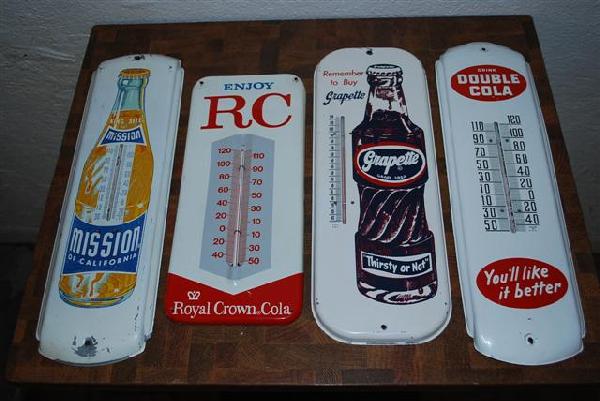 4-Tin Thermometers Grapette, Mission, Double Cola: 4-Tin Thermometers Grapette, Mission, Double Cola & RC, 17 inches or less,
