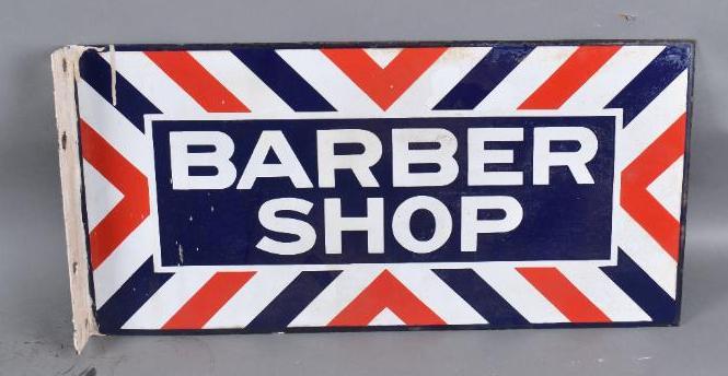 Barber Shop Porcelain Flange Sign: rated 8, 12"x24", porcelain flange sign has good color and some gloss, has rust staining.