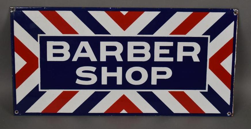 Barber Shop Porcelain Sign: rated 8, 12"x24", DSP sign has excellent gloss and color, has had the flange cut off of the sign, has had holes drilled in the corners.