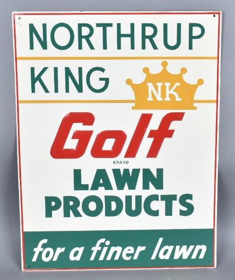Northrup King Golf Lawn Products Metal Sign TAC: rated 9, 20"x15", SST embossed sign has excellent color and shine, field is clean, has light wear around the perimeter, marked Stout. The Authentication Company #004198