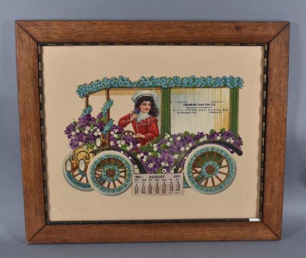 1911 Auto Tires & Supplies Framed Valentine: rated 8, 21"x25" overall, the embossed thin cardboard diecut valentine has excellent color and shine, has a minor crease running vertical along the left of the boy, framed under glass