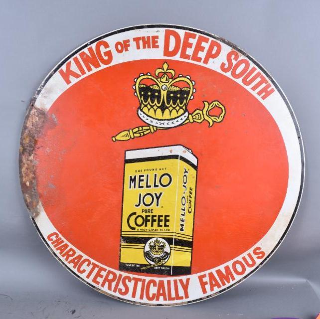 Mello Joy Coffee w/Logo Metal Sign: rated 6.75 , 36.5"D., SST sign has good color, has paper marks and large area of rust at the left-hand edge.