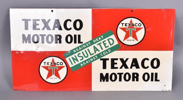 Texaco (white-T) Motor Oil Insulated Metal Sign: rated 7.5, 11"x21.5", DST sign has good color and shine, has wear and dings, minor crease at the lower left-hand corner, dated 1947. Aluminum, has a couple extra nail holes a the edge.