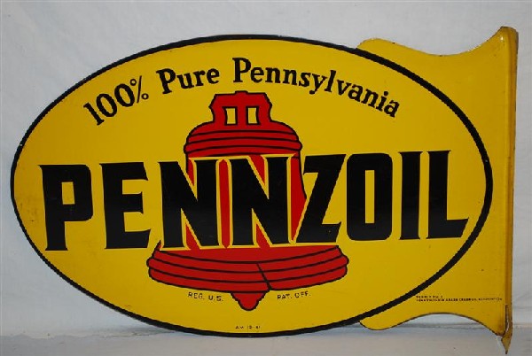 Pennzoil "100% Pure Pennsylvania" tin flange sign,: Pennzoil "100% Pure Pennsylvania" tin flange sign, 14x22 inches,