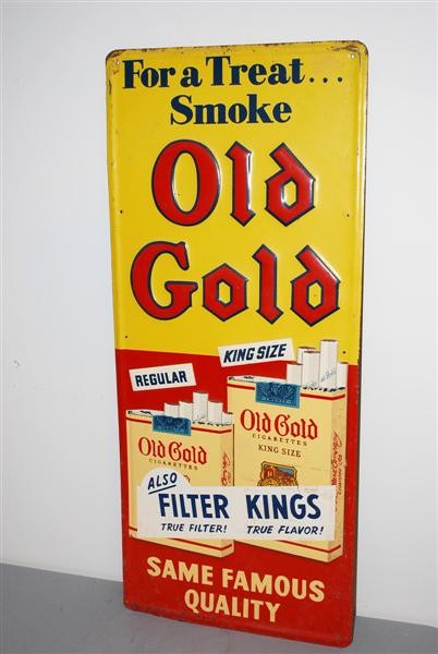 Old Gold Cigarettes "Same Famous Quality" SST embo: Old Gold Cigarettes "Same Famous Quality" SST embossed sign, 33x14 inches,