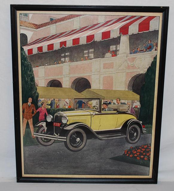 1930 Ford Model A Cabriolet with band playing in b: 1930 Ford Model A Cabriolet with band playing in background, showroom poster framed, 26x20 inches,