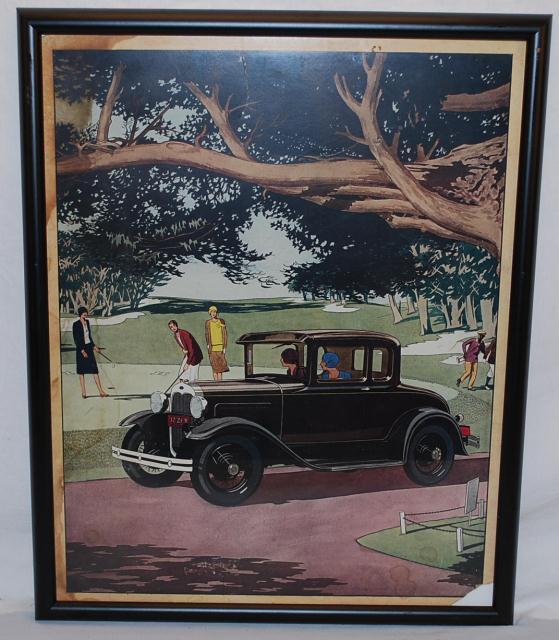 1930 Ford Model A Coupe with ladies at golf course: 1930 Ford Model A Coupe with ladies at golf course, showroom poster framed, 26x21 inches,