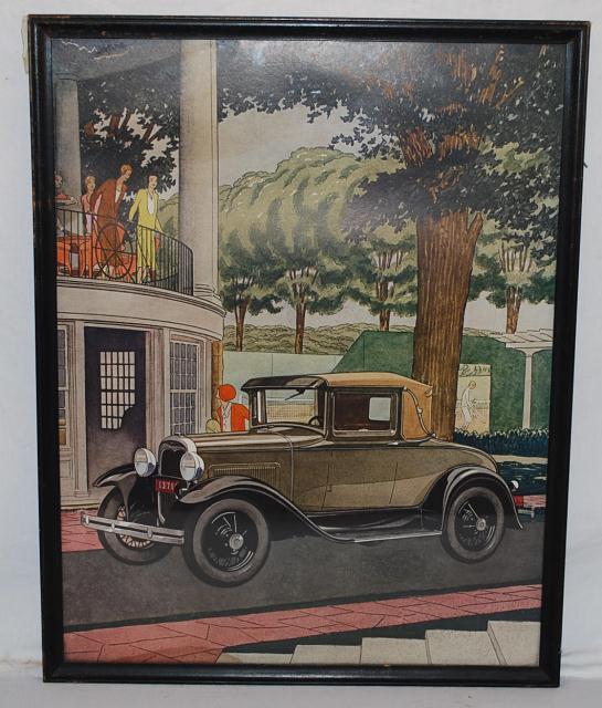 1930 Ford Model A Sport Coupe with ladies standing: 1930 Ford Model A Sport Coupe with ladies standing on balcony, showroom poster framed, 25x19 inches,