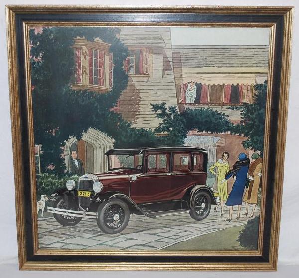 1930 Ford Model A Four Door Sedan sitting in front: 1930 Ford Model A Four Door Sedan sitting in front of home with lady looking out the window, showroom poster framed, 23x23 inches,