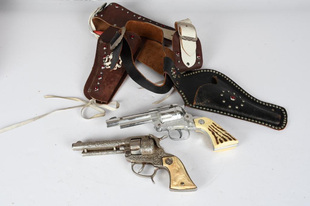 Texan & Top-Han 250 Diecast Toy Cap Guns w/Holsters: rated 7 to 8, 8.5"L., all has light wear.