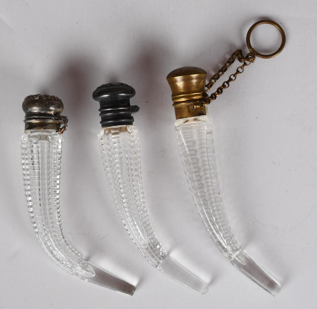 Lot of 3- Etched Glass Purse Perfume Horn Bottles (1 of 2)